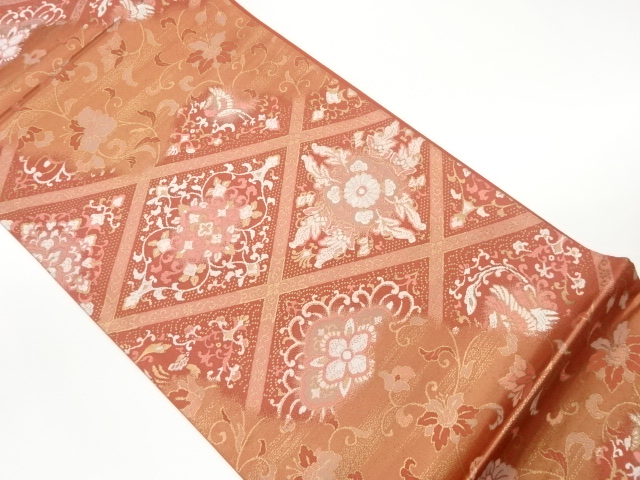 菱に華紋・花喰い鳥模様織出し袋帯